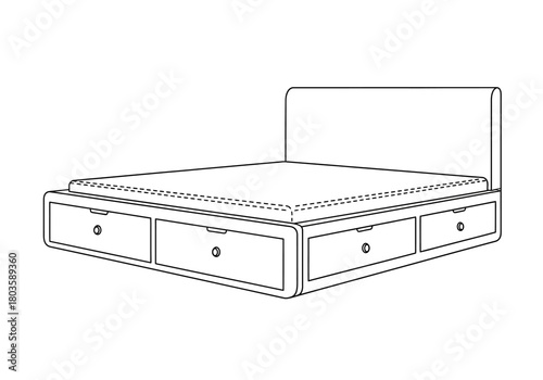 Line drawing of a bed frame with storage drawers and a headboard