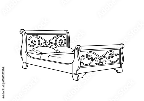 Black and white outline drawing of an ornate sleigh bed with scrolled details