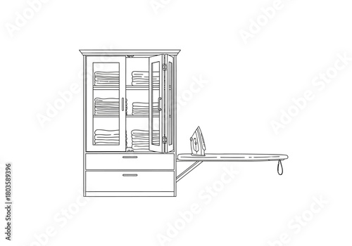 Line drawing of a cabinet with shelves drawers and an attached extended ironing board with an iron