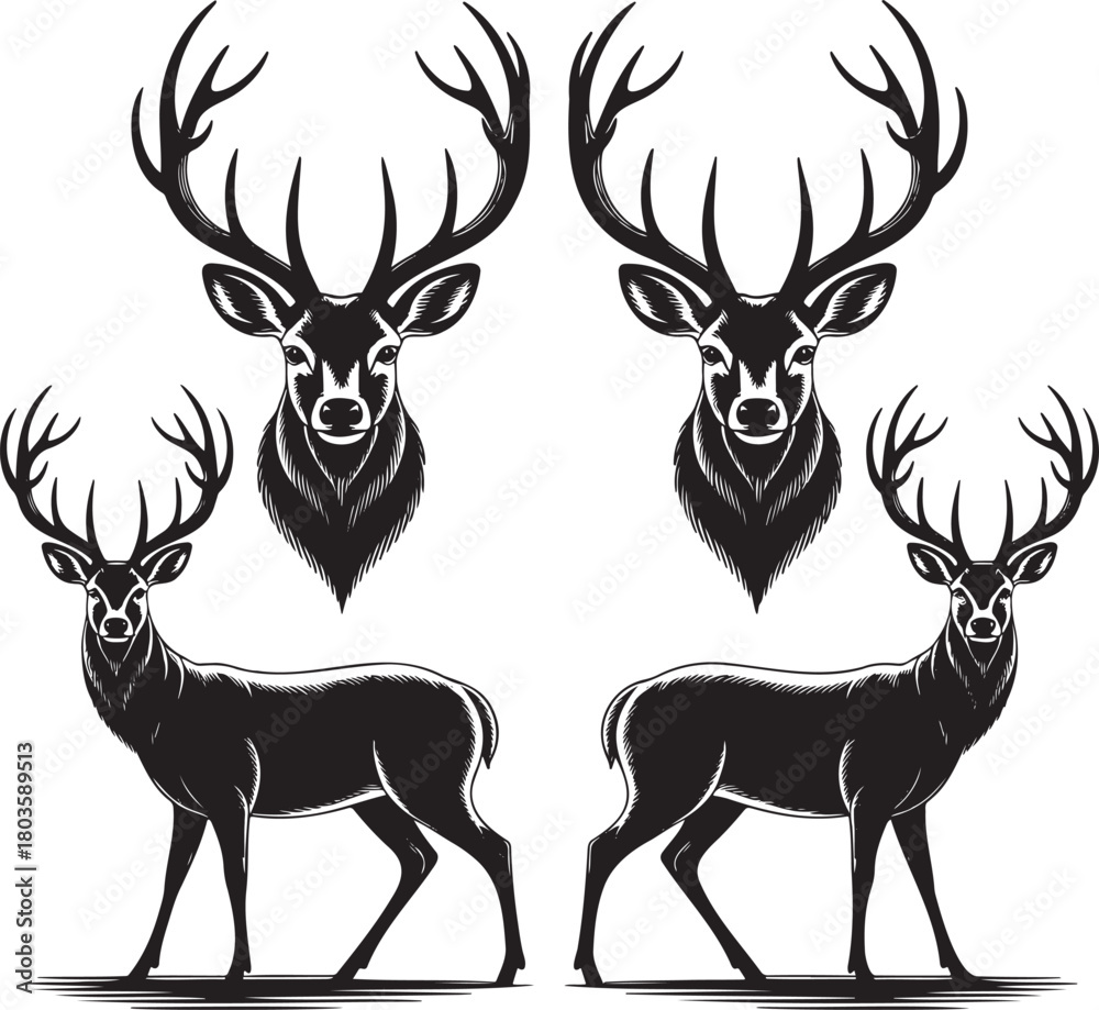 Naklejka premium Stylized Deer Silhouettes with Antlers – Vector Set of Wildlife Icons 