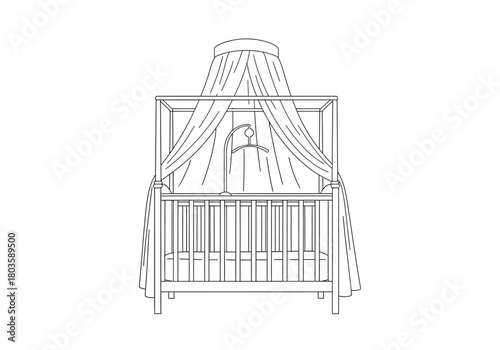 Line drawing of a fourposter baby crib with sheer canopy and hanging mobile