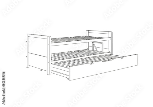 Line drawing of a bunk bed with an extended trundle drawer underneath