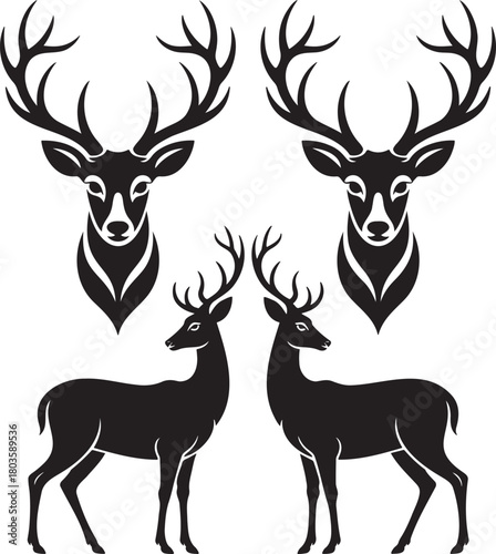 Stylized Deer Silhouettes with Antlers – Vector Set of Wildlife Icons 