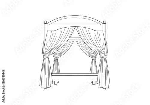 Line drawing of a fourposter bed with draped tiedback curtains