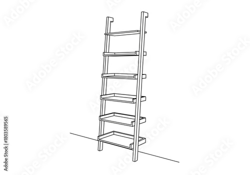 Line drawing of a leaning shelf unit with five tiers