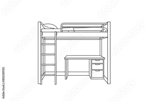 Line drawing of a loft bed structure with an integrated desk and ladder