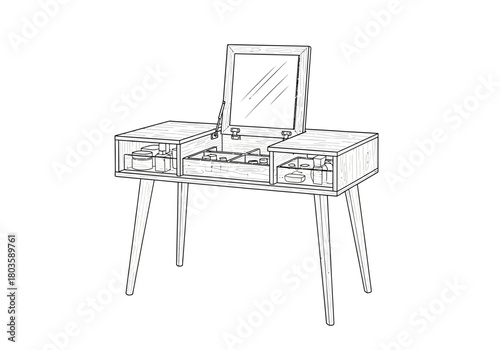 Line drawing of a midcentury modern vanity table with an open mirrored lid revealing storage compartments