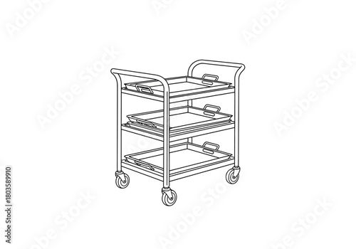 Line drawing of a threetiered utility cart holding three serving trays