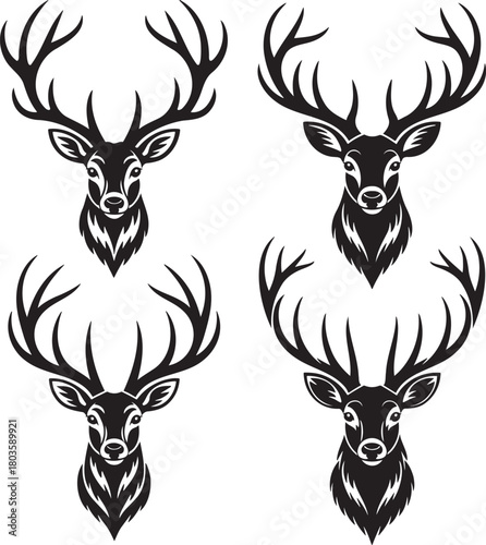 Stylized Deer Silhouettes with Antlers – Vector Set of Wildlife Icons 