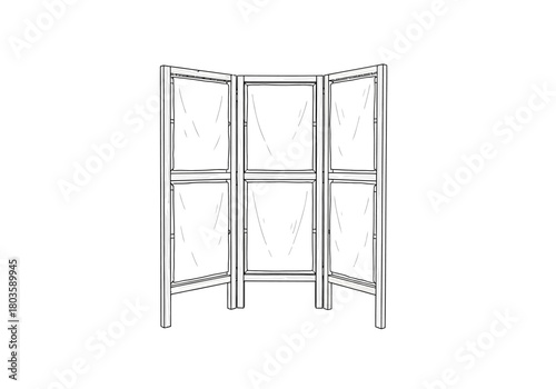 Line drawing of a threepanel folding screen with six rectangular windowlike panels