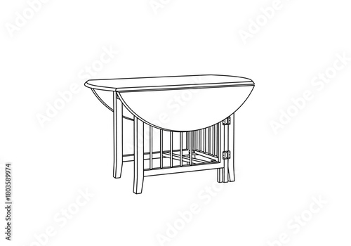 Line drawing of a wooden dropleaf table with both leaves partially lowered