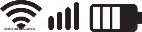 wifi, Signal strength and battery icon. Battery, WiFi, and mobile network icon vector. connectivity improvements and power status rising symbol. Collection of icons representing battery level, signal 
