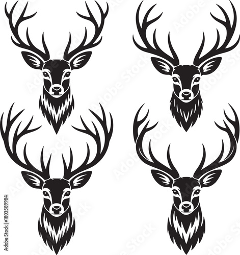 Stylized Deer Silhouettes with Antlers – Vector Set of Wildlife Icons 