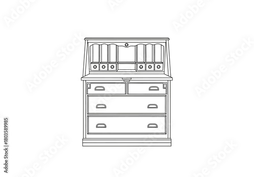 Line drawing of a wooden secretary desk with open upper compartment and drawers
