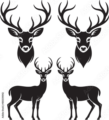 Stylized Deer Silhouettes with Antlers – Vector Set of Wildlife Icons 