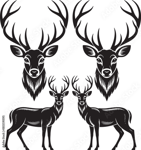 Stylized Deer Silhouettes with Antlers – Vector Set of Wildlife Icons 