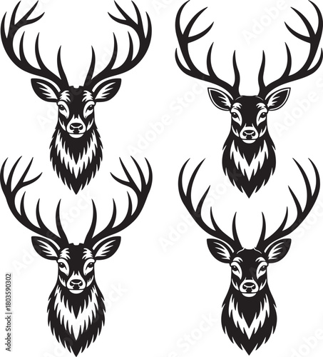 Stylized Deer Silhouettes with Antlers – Vector Set of Wildlife Icons 