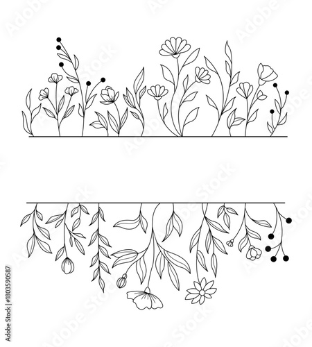 Decorative Floral Border Vector Design Images, Title Name Border flower Hand Draw Decoration, Name Border, leave Hand Draw. branch frame with black flowers. Hand drawn mono line floral background.