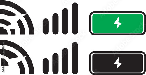wifi, Signal strength and battery icon. Battery, WiFi, and mobile network icon vector. connectivity improvements and power status rising symbol. Collection of icons representing battery level, signal 