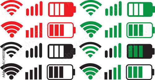 wifi, Signal strength and battery icon. Battery, WiFi, and mobile network icon vector. connectivity improvements and power status rising symbol. Collection of icons representing battery level, signal 