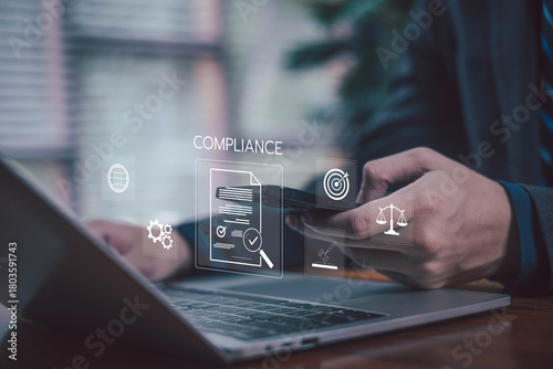 Business compliance and regulation concept showing digital document with check mark icon, symbolizing legal standards, corporate governance, risk management, policy, quality control in modern business