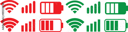 wifi, Signal strength and battery icon. Battery, WiFi, and mobile network icon vector. connectivity improvements and power status rising symbol. Collection of icons representing battery level, signal 