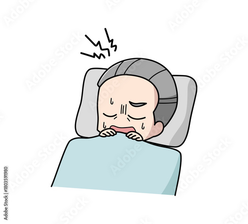睡眠中にうなされている高齢男性のイラスト