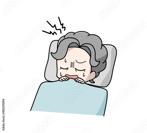 睡眠中にうなされている高齢女性のイラスト
