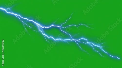 Vibrant blue lightning bolt striking across a vivid green background, symbolizing power and energy in a dramatic natural display