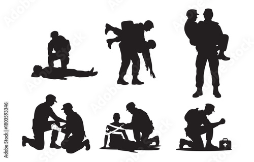 Soldier Rescue Silhouettes, Military First Aid and Combat Medic Vector Set.