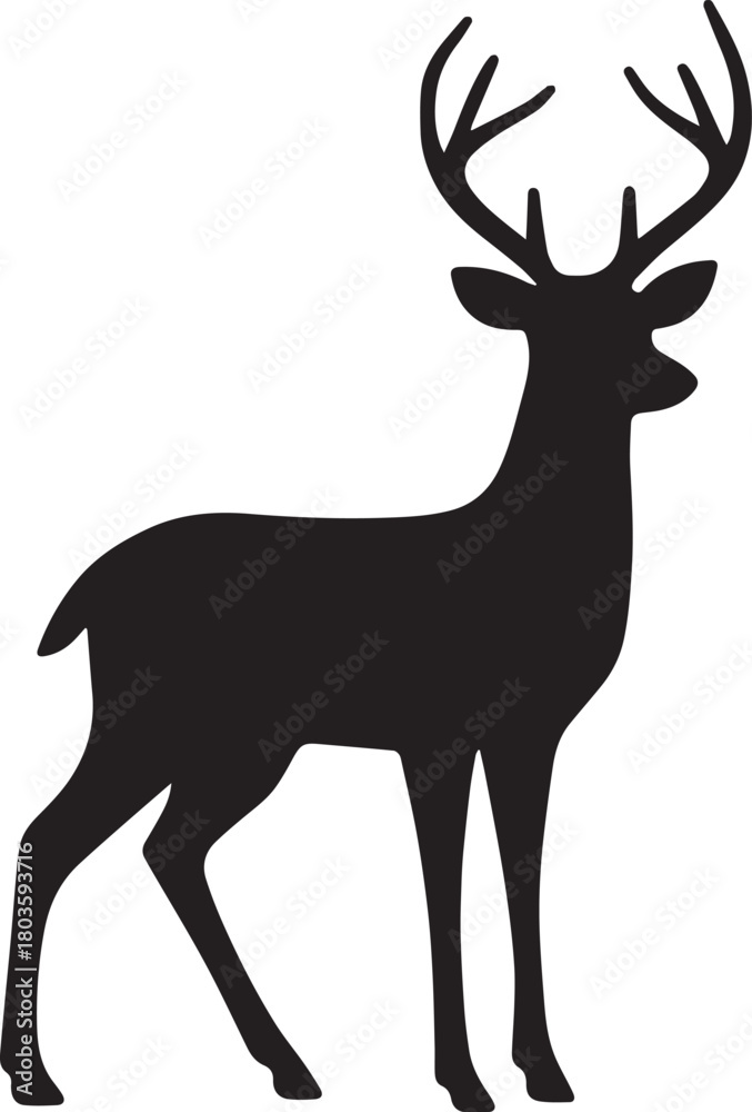 Fototapeta premium Black Deer Silhouette with Antlers, Standing Profile, Minimalist Wildlife Illustration, Transparent Background