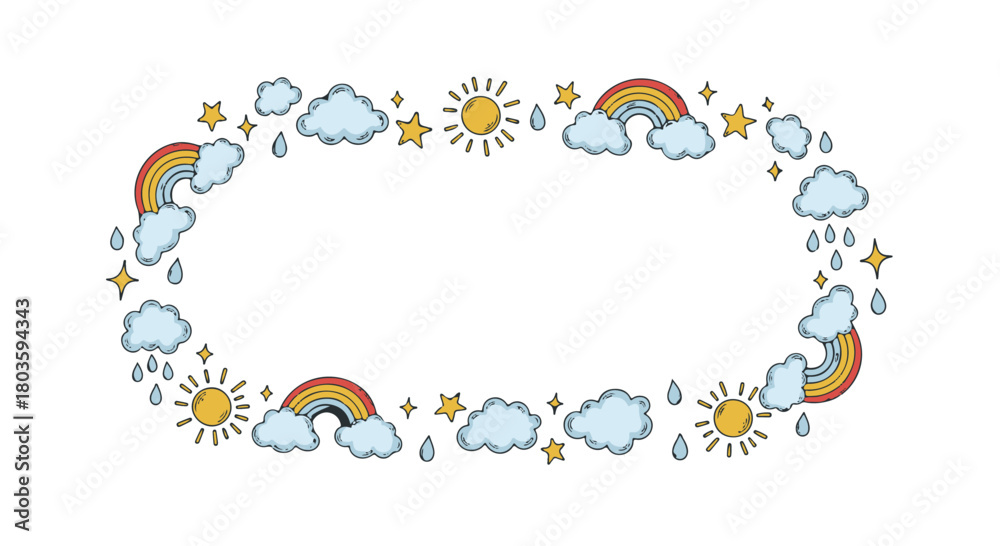 Fototapeta premium Bright Hand Drawn Whimsical Sky-themed Oval Arrangement of Sun, Rain, and Clouds