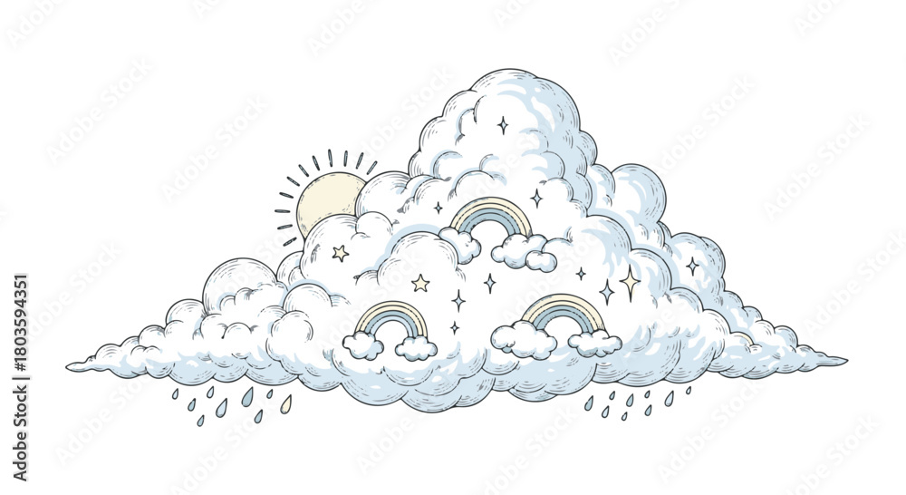 Fototapeta premium Whimsical Hand Drawn Cloud Illustration with Sun, Rain, Stars, and Rainbows