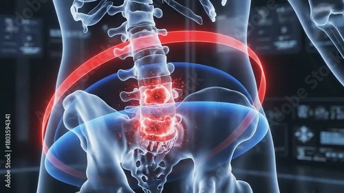 Detailed 3D medical animation visualizing the human spine skeletal system with highlighted red inflamed vertebral discs in a dark futuristic interface with glowing