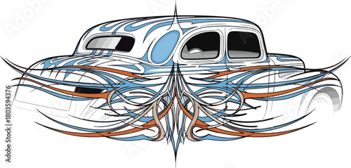Classic car illustration with detailed airbrush design and decorative elements