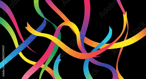 Vibrant Streamers A Colorful Cascade of Abstract Motion and Dynamic Energy on Black Backdrop