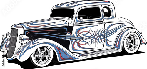 Classic car illustration with detailed ornamentation and custom design elements