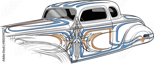 Classic car illustration with detailed ornamentation and custom paint