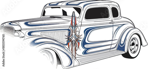 Classic car illustration with detailed ornamentation and custom paint