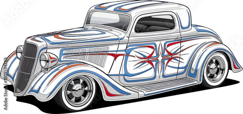 Classic car illustration with detailed ornamentation and custom paint