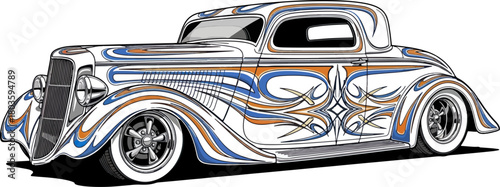 Classic car illustration with detailed ornamentation and custom paint