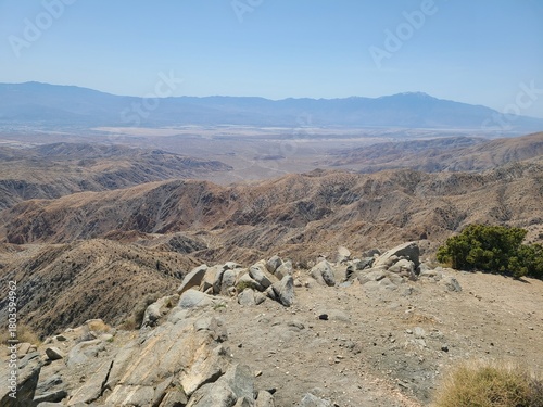 View of Peninsular mountain range and the Joshua trees from a peak in the Mojave desert at Joshua Tree National Park, California