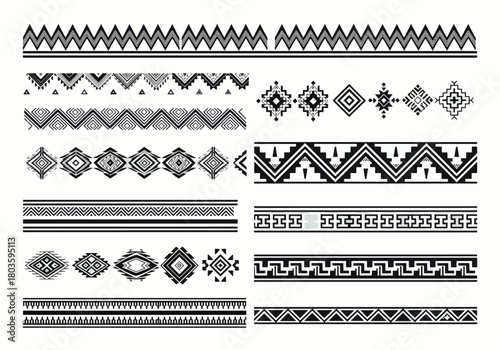 Vector graphic collection of intricate geometric ethnic borders and decorative design elements for pattern creation