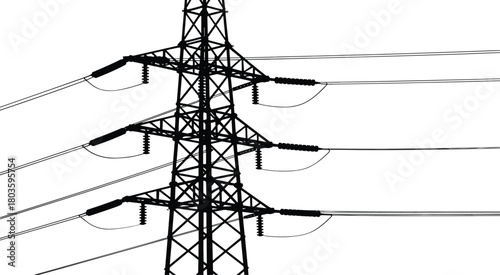 High voltage electricity transmission tower silhouette with power lines, energy infrastructure, industrial grid system and utility distribution network concept illustration