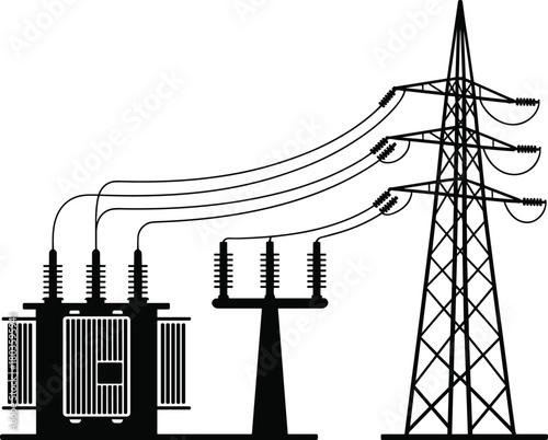 High voltage power transformer connected to transmission tower showcasing modern electrical energy distribution, utility infrastructure components, and industrial grid reliability