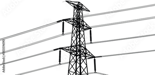 High voltage transmission tower silhouette with multiple power lines and insulators in industrial energy infrastructure scene