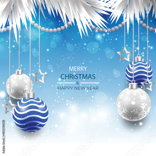 Illustration of Merry Christmas and Happy New Year greeting card with blue and silver Christmas ball and photons and snowflakes on sky blue and white gradient background 