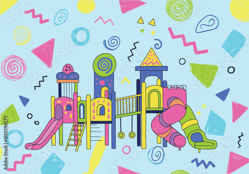 Colorful children's playground illustration with slides and play structures on a fun abstract pattern background. Vector graphic for kids' outdoor activities
