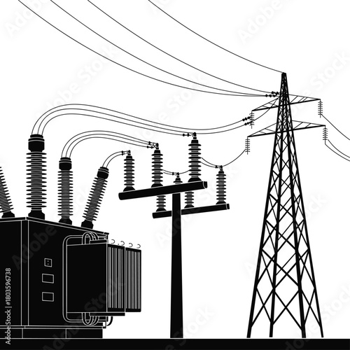 High-voltage electrical substation with power transformer and transmission tower illustrating modern energy distribution infrastructure, reliability