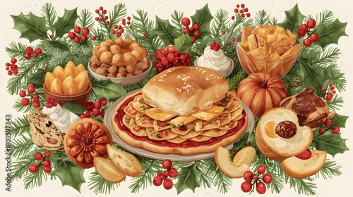 This AI-generated illustration features a festive Christmas food arrangement decorated with holly, berries, pastries, and seasonal treats, creating a colorful and cheerful holiday-themed artwork.